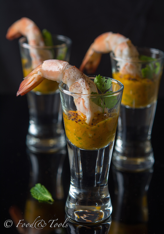 Prawns in shooter glasses with a Chilli Mango Chutney