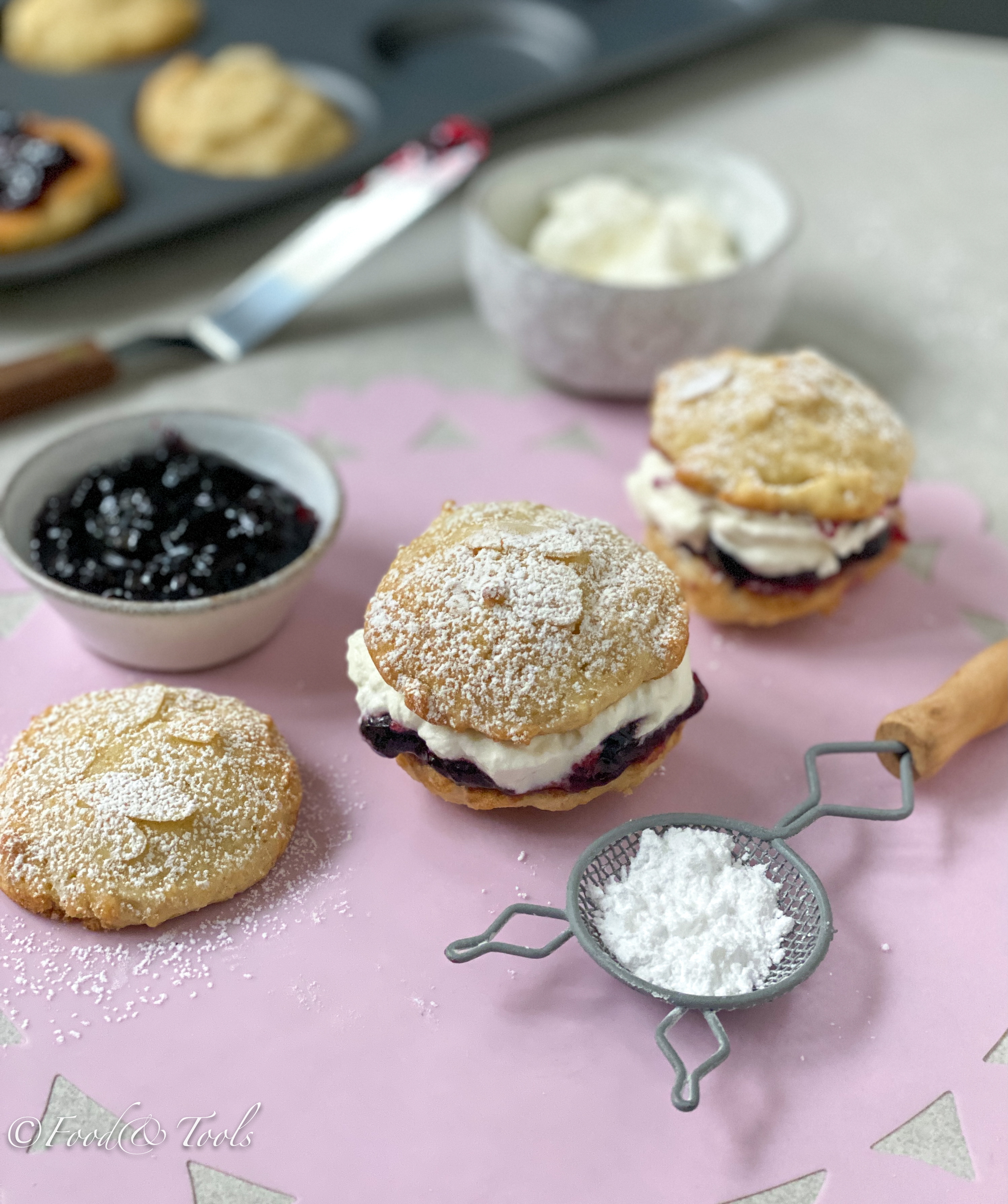 Whoopie Pies filled with fresh cream and blackcurrant preserve